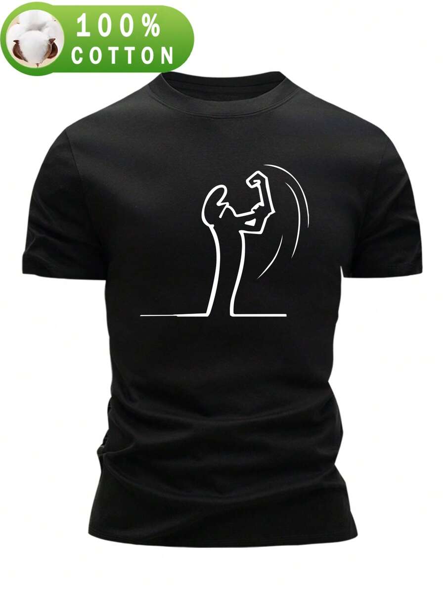 Men's 100% Cotton Summer T-Shirt, Short Sleeve, Slim Fit, Crew Neck, Modern, Fashionable, Casual, Versatile, Breathable And Comfortable, With A Simple Artistic Line Art Print Of An Abstract Figure Throwing A Punch. - 黑色 - 查看 1