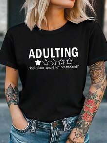 100% Cotton ADULTING Letter Print T-Shirt, Short Sleeve, Round Neck, Casual Top For Summer And Spring, Women's Clothing. Women's Simple Solid Color T-Shirt, Loose And Slim Fit Casual Short Sleeve - 黑色 - 查看 6