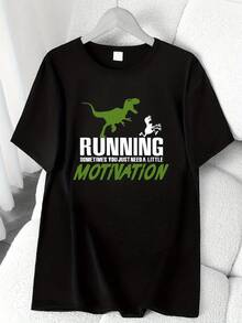 Running T-Shirt With Cartoon Dinosaur Print. Available In 6 Colors, Short Sleeves, Round Neck, High Elasticity, Casual Sports Top. Machine Washable. Suitable For Spring And Summer. Can Be Worn In All Seasons. Women's Clothing. Elegant Party Outfit, T-Shirt For Elegant Ladies, Blouses Suitable For Curvy Women, Casual Wear, Cool And Sweat-Free Summer Clothing, Fun Letter Print. - 黑色 - 查看 1