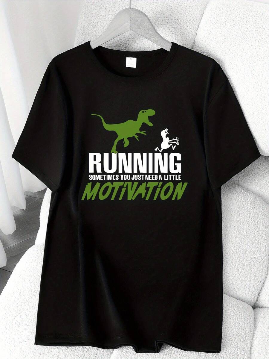 Running T-Shirt With Cartoon Dinosaur Print. Available In 6 Colors, Short Sleeves, Round Neck, High Elasticity, Casual Sports Top. Machine Washable. Suitable For Spring And Summer. Can Be Worn In All Seasons. Women's Clothing. Elegant Party Outfit, T-Shirt For Elegant Ladies, Blouses Suitable For Curvy Women, Casual Wear, Cool And Sweat-Free Summer Clothing, Fun Letter Print. - 黑色 - 查看 1