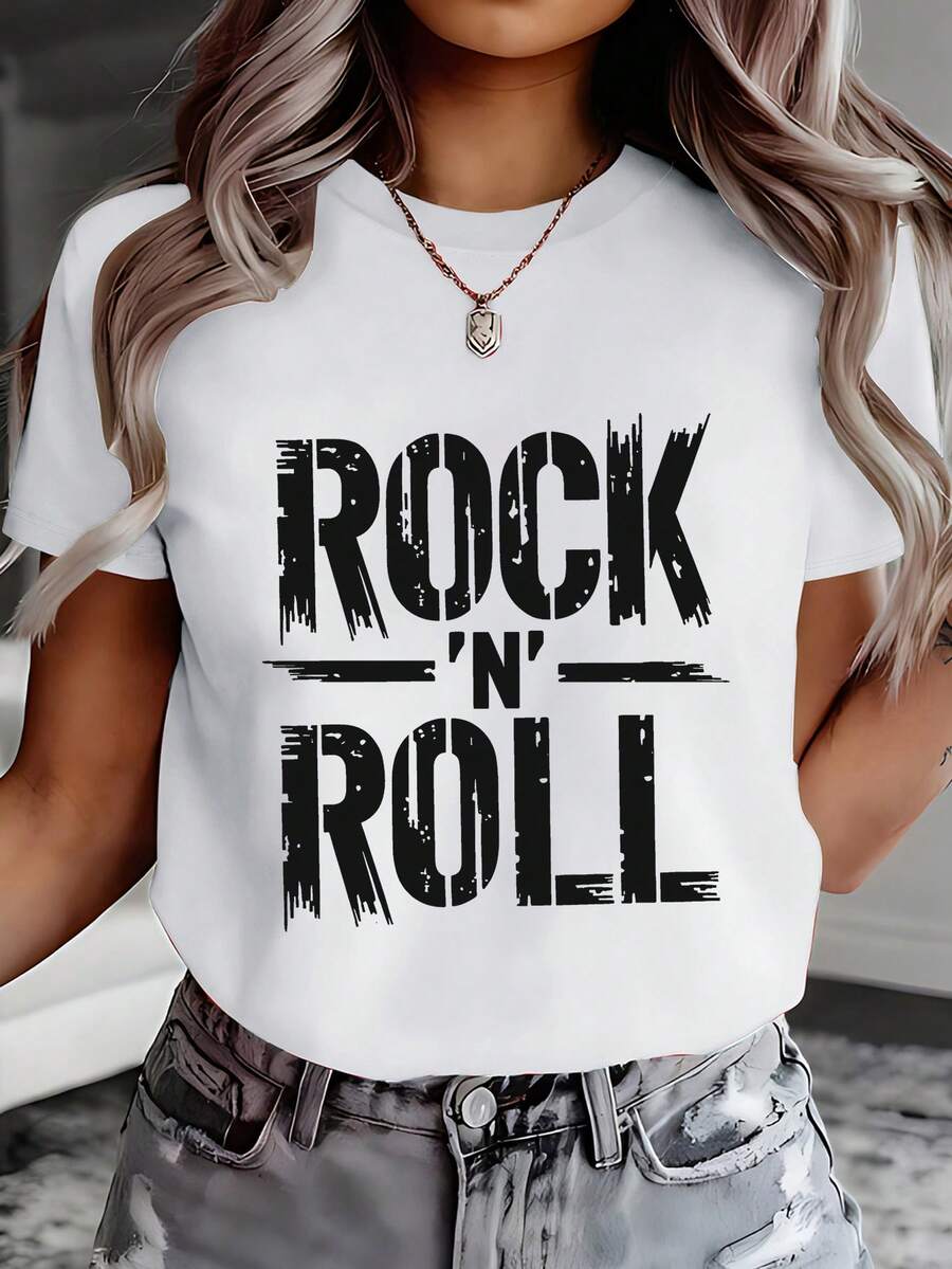 Rock-Style Font Print Design, Black Background With White Lettering And A Distressed Effect, Suitable For Clothing Decoration. Casual Short-Sleeved Crew Neck T-Shirt With Directional Print For Spring And Summer, Comfortable Women's Top 12798 - White - View 1