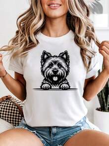 Women's Westie West Highland White Terrier T-Shirt With Looking Dog Graphic, Cute Gift For Dog Lovers, Casual Short Sleeve Top For Ladies - 白色 - 查看 1