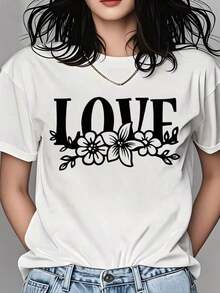 Women's Floral Love Design T-Shirt, Graphic T-Shirt For Women, Casual Summer Top With Floral Print, Unisex Urban Fashion T-Shirt - 白色 - 查看 7