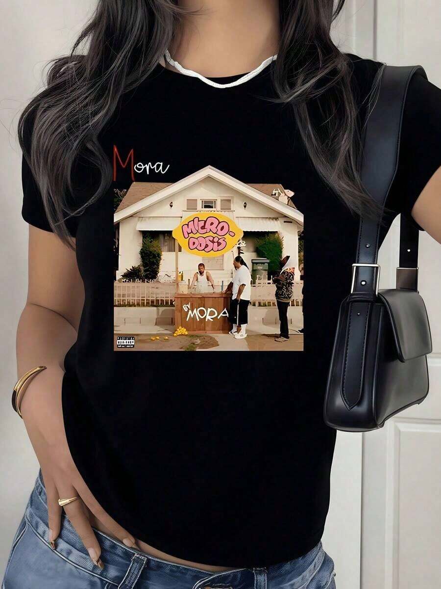 2026 New Cotton Shirt 100% Cotton Home Scene With People Sharing Joyful Moments In Front Of The Porch Showing Joy And Positive Energy Women's T-Shirt 100% Cotton Comfortable And Modern For Everyday Wear Women's Simple Solid Color Shirt, Loose And Casual Short Sleeve - 黑色 - 查看 1