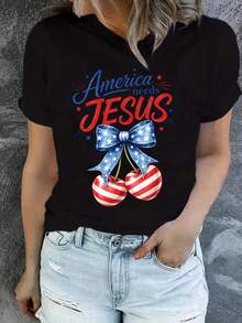 Women's Printed T-Shirt - Casual Short Sleeve Crew Neck T-Shirt In Black With Graphic Design America Needs Jesus, Relaxed Fit For All Seasons, Perfect For Everyday Wear And Holiday Outfits, Machine Washable. - 黑色 - View 1