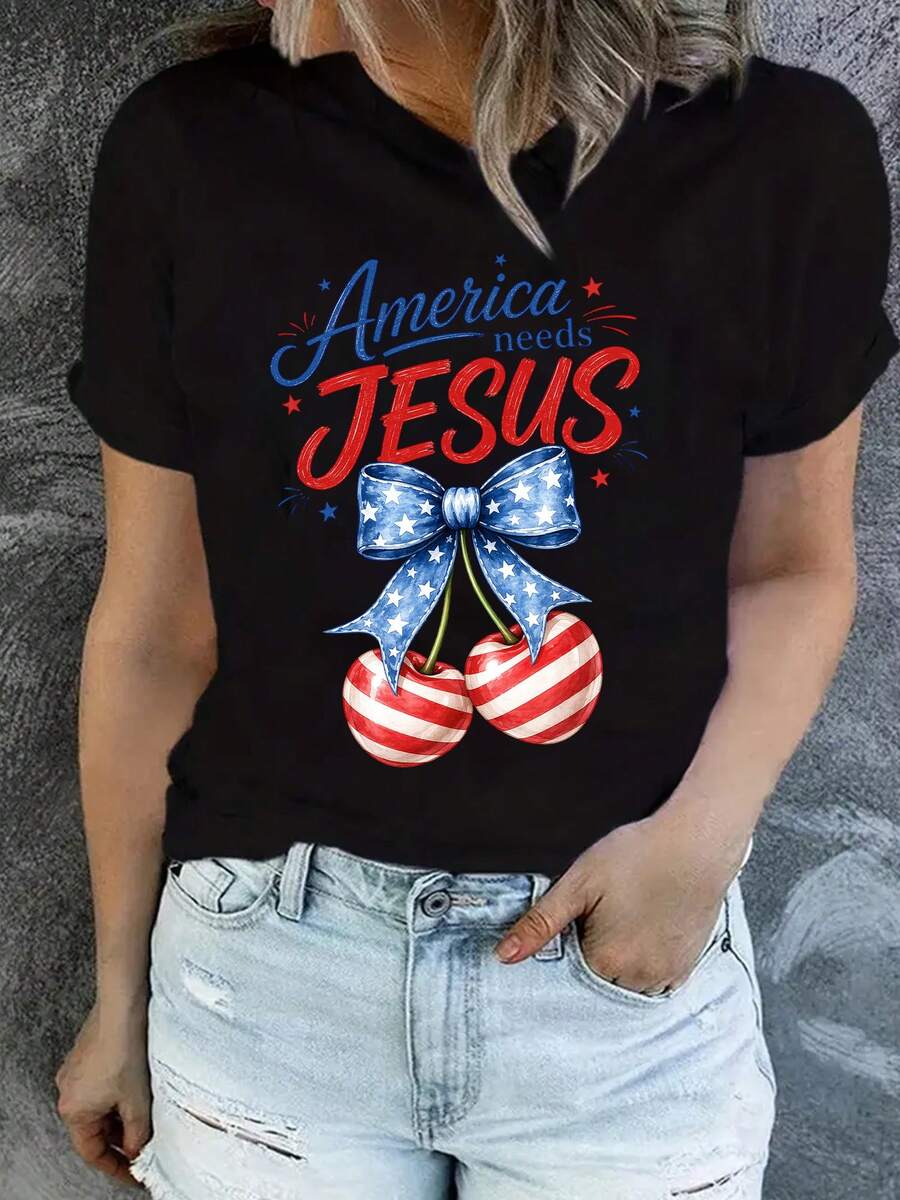 Women's Printed T-Shirt - Casual Short Sleeve Crew Neck T-Shirt In Black With Graphic Design America Needs Jesus, Relaxed Fit For All Seasons, Perfect For Everyday Wear And Holiday Outfits, Machine Washable. - 黑色 - View 1