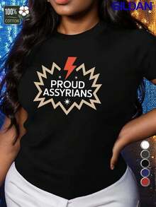 Camiseta Estampada para Mujer con Diseño de Explosión de Estrellas y Texto PROUD ASSRIANS - Camiseta Negra Casual de Manga Corta y Cuello Redondo, Corte Relajado para Todas las Estaciones, Perfecta para Uso Diario y Vacaciones (Lavable aáquina). - Negro - Ver 6