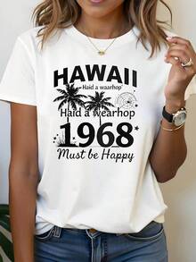 Women's Vintage Hawaii 1968 Palm Tree Graphic Print T-Shirt, Casual Short Sleeve Crew Neck T-Shirt For Spring-Summer | Everyday Style, Daily Outings, Holiday Gift, Women's Going-Out Blouses - 白色 - 查看 1