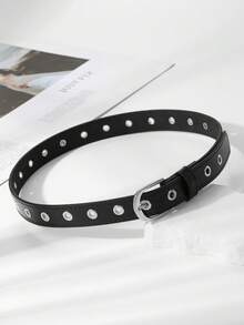 1pc Kids Black PU Eyelet Belt, Personalized Sweet Cool Style, Unisex Leather Belt, Versatile For Daily Wear - Black - View 2