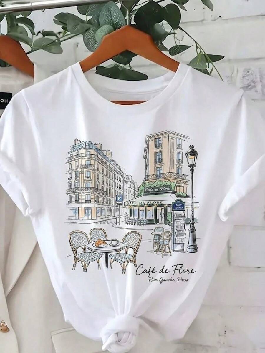 | Exquisite Design | Loose And Comfortable | Easy To Match | 1 Piece Of Women's Summer Clothing, Parisian Floral Street Cafe Print Travel T-Shirt, Elegant Women's Clothing, Style: Round Neck, Short Sleeve, Loose Fit, A Gift For Yourself/Family/Lover/Friends, Breathable Cotton Top. - 白色 - 查看 1