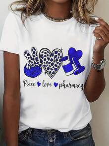 Women's Printed T-Shirt - Casual Short Sleeve Crew Neck T-Shirt In White With Heart Pattern And Pharmacy Text - Relaxed Fit For All Seasons, Perfect For Everyday Wear And Holiday Outfits (Machine Washable). - White - View 1