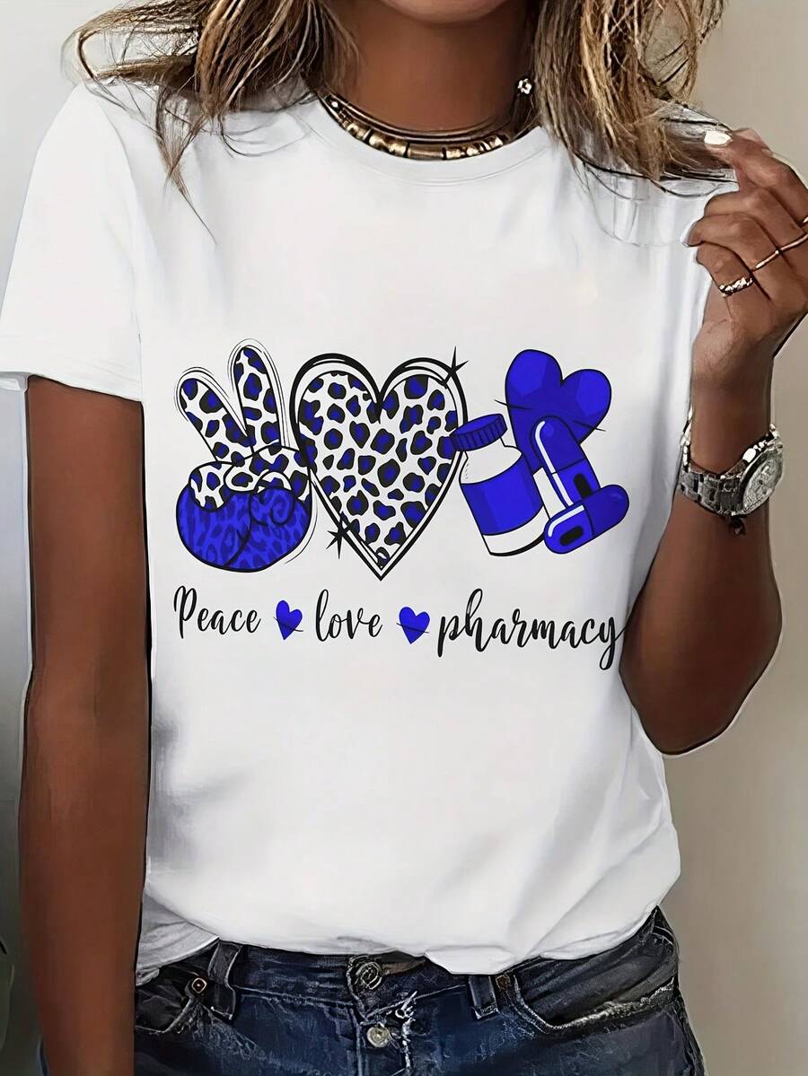 Women's Printed T-Shirt - Casual Short Sleeve Crew Neck T-Shirt In White With Heart Pattern And Pharmacy Text - Relaxed Fit For All Seasons, Perfect For Everyday Wear And Holiday Outfits (Machine Washable). - White - View 1