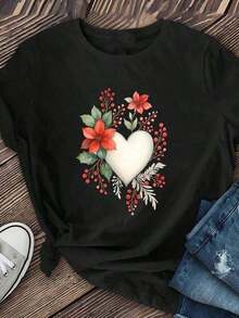 NewSummerCasual Blouses For Women: Women's Short Sleeve T-Shirt With Floral And Heart Print - Casual Crew Neck Blouse, Soft And Breathable, Ideal For Daily Wear, Loungewear And Spring-Summer Outfits - Machine Washable And Comfortable - Suitable For Spring, Summer And Autumn - Vintage Street Style Unisex Loose Cotton Short Sleeve Crew Neck T-Shirt - 黑色 - 查看 2