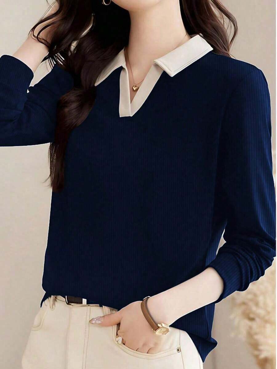 Camiseta de manga larga con cuello de polo para mujer, prenda exterior de moda, jersey informal de primavera, 2025 Nuevo otoño - Azul oscuro - Ver 1