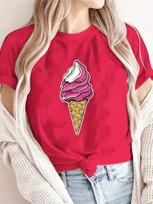 Women's T-Shirt [New Summer Recommendation] Ice Cream Print T-Shirt, Casual For Women, Vacation, Short Sleeve, Round Neck, Spring And Summer, Machine Washable, New Women's Clothing, Versatile, Casual Going Tops For Women - 白色 - 查看 7