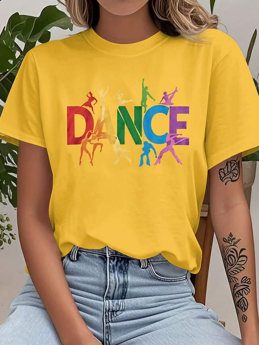 Women's Casual Short Sleeve T-Shirt 2026 - "DANCE" Letter Print, Crew Neck, Machine Washable, Casual Spring/Summer Vacation Wear, Easy-To-Wear Top, Fun Print T-Shirt, And Fashionable, Durable Printed T-Shirt NBWH - 黃色 - 查看 1