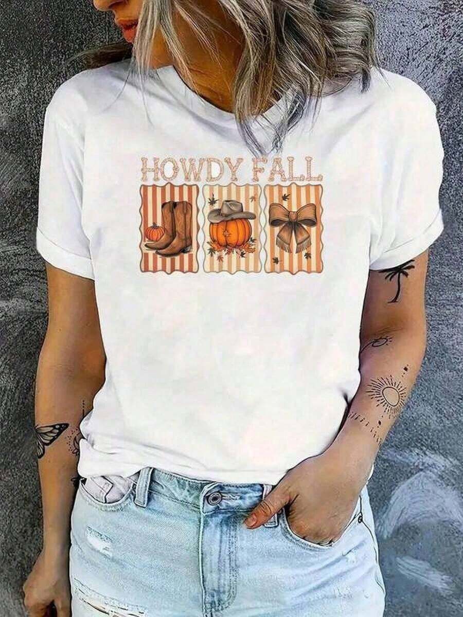 Urban Sense T-Shirts, 100% Pure Cotton, Retro Western Style With Fun Halloween Pumpkin Spice Print For Autumn, Mother's Day Gift. XMAE. Suitable As A Gift. Women's T-Shirt. Blouses > Elegant. Boho Chic. Soft, Breathable, And Comfortable Women's Top, Ideal For Spring, Summer, And Autumn, Perfect For Vacations, Travel, And Everyday Wear. - 白色 - 查看 1