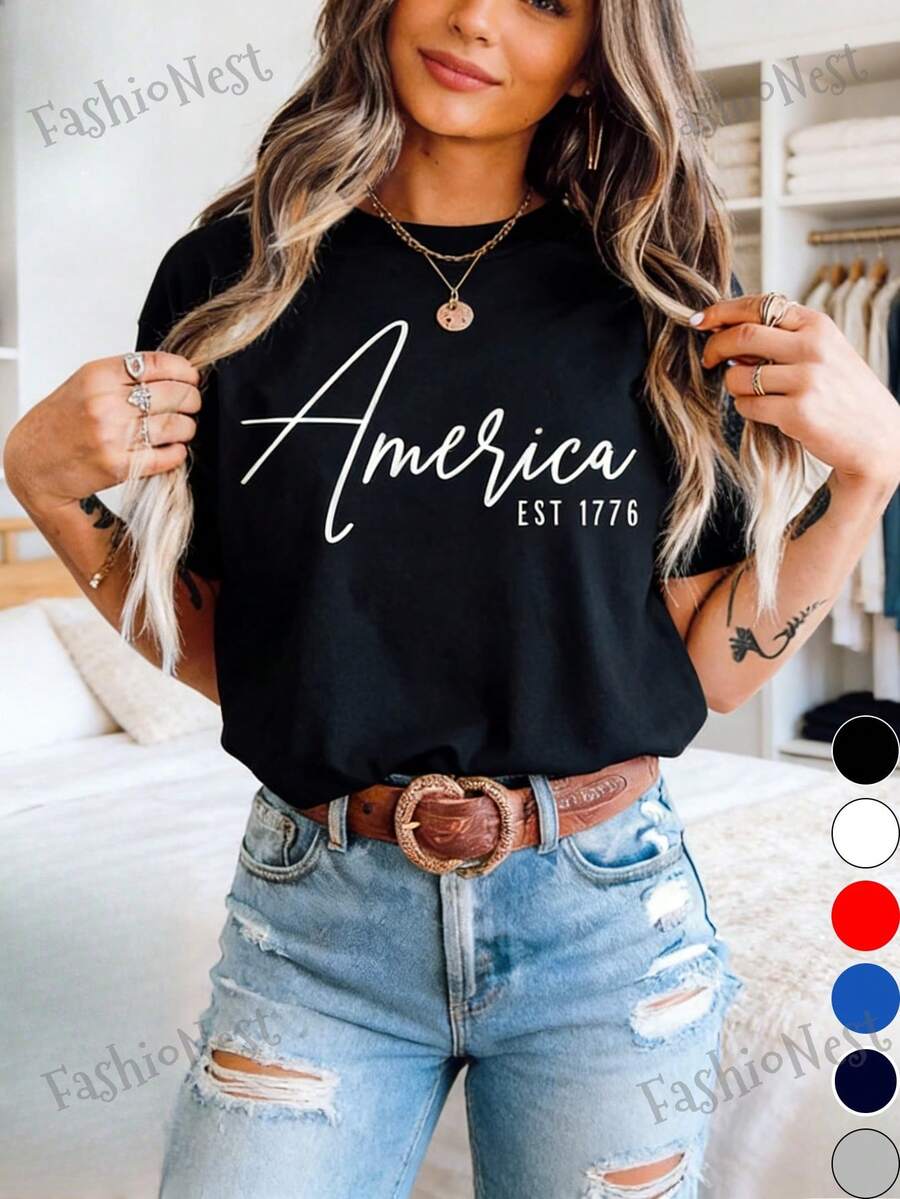 American Flag 250th Anniversary Commemorative T-Shirt - 1776 Independence Day 250th Anniversary Print, Casual Short Sleeve Crew Neck T-Shirt 100% Cotton, Suitable For Independence Day, Heroes Day And 250th Anniversary Celebrations. - 黑色 - 查看 1