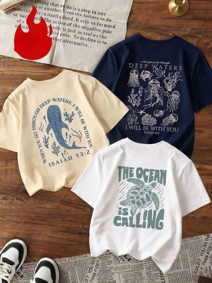 Set Of 1 Women's Short-Sleeved T-Shirt With Round Neck, Minimalist And Colorful Graphic Print Of Letters, Sea Turtle, Dolphin And Jellyfish, Versatile, Suitable For Women's Blouses, Casual Holiday Wear, Spring - 白色 - 查看 1