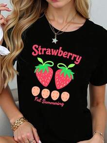 2026 new Camisetas Para Mujer Camiseta de moda con diseño de fresa estampada atractivo para mujer joven casual y moderna color negro talla estándar ropa femenina popular estilo veraniego tipo casual camiseta famosa - Negro - Ver 1