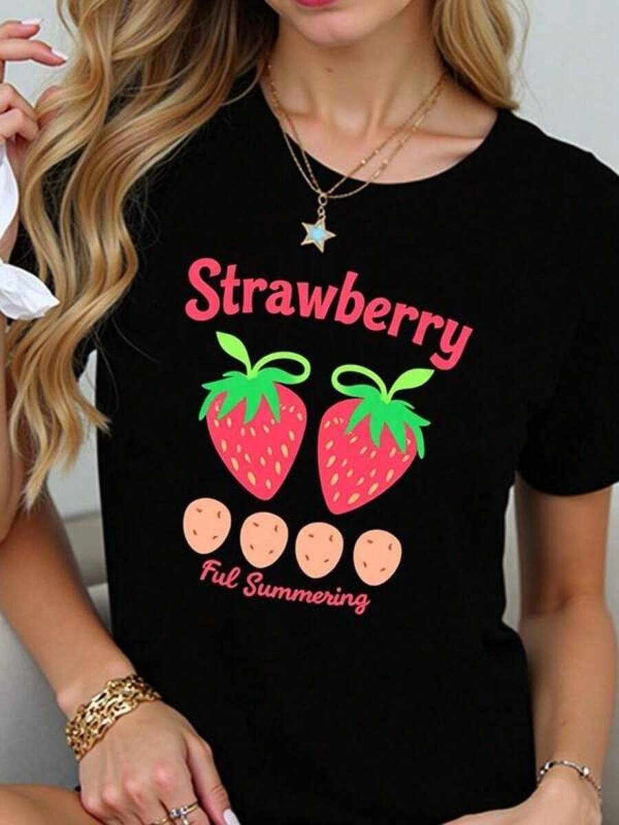 2026 new Camisetas Para Mujer Camiseta de moda con diseño de fresa estampada atractivo para mujer joven casual y moderna color negro talla estándar ropa femenina popular estilo veraniego tipo casual camiseta famosa - Negro - Ver 1