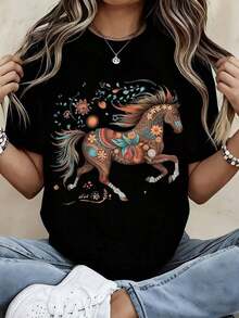 Women's White T-Shirt With Colorful Horse Floral Print And Horse Text, Casual Streetwear For Everyday Wear - 黑色 - 查看 7