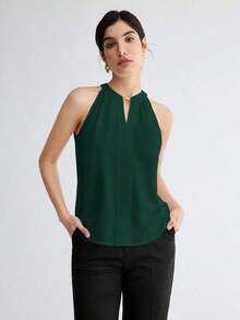 Camiseta de tirantes elegante con cuello de ojo de cerradura de unicolor, versátil para ir al trabajo, uso diario, retro romántico de los 90, adecuada para Navidad, Año Nuevo, San Valentín, fiesta, playa, graduación, moda, carnaval, vacaciones, in - Verde Oscuro - Ver 5