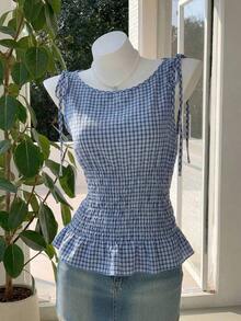 Top sin mangas de moda casual de tela escocesa con cordones para mujer, verano - Azul marino - Ver 5