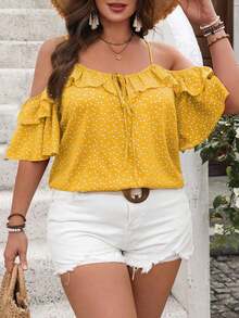 Camiseta romántica con volantes y escote descubierto de corazoncitos para vacaciones, talla grande.Ideal para fiesta casual, picnic o San Valentín. - Amarillo - Ver 4