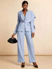 Conjunto casual de blazer y pantalones de unicolor con cuello entallado para ir al trabajo - Azul - Ver 4