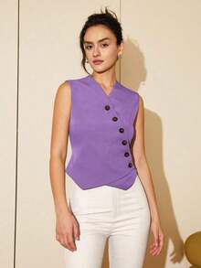 Chaleco corto de mujer de estilo casual de primavera/verano con botones diagonales, estilo de dinero viejo para negocios y ocio - Morado Violeta - Ver 5