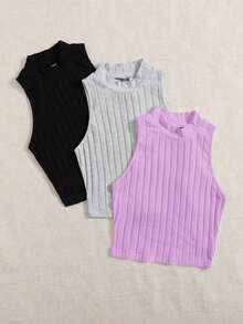 Top de tanque casual sólido de cuello redondo acanalado para el verano - Multicolor - Ver 3