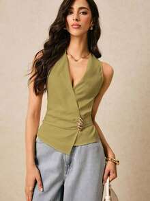 Blusa de moda sin mangas con decoración de metal, cuello en V y fruncido - Verde Oliva - Ver 8