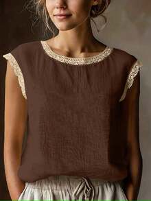 Blusa de manga corta de lino vintage para mujer, camiseta holgada de mezcla de lino con cuello redondo y parches de encaje, transpirable, para verano - Café integral - Ver 7