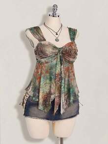 ICON Camiseta asimétrica transparente con estampado de cachemira para mujer de talla grande, top de rave, top transparente, para vacaciones de verano, temporada de graduación, temporada de regreso a clases, ropa de verano, Y2K. - Multicolor 2 - Ver 7