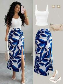 Vestido elegante y ajustado para mujer con estampado total y abertura hasta el muslo - Multicolor - Ver 9