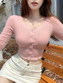 Camiseta de mujer de manga larga con rayas texturizadas y decoración de botones con forma de corazón en color rosa, adecuada para primavera y verano estilo Y2K - Rosa 2 - Ver 7