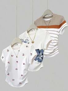 Set de 3 camisetas de mujer de verano con nuevos diseños de frutas, cerezas, flores y rayas - Multicolor 7 - Ver 1