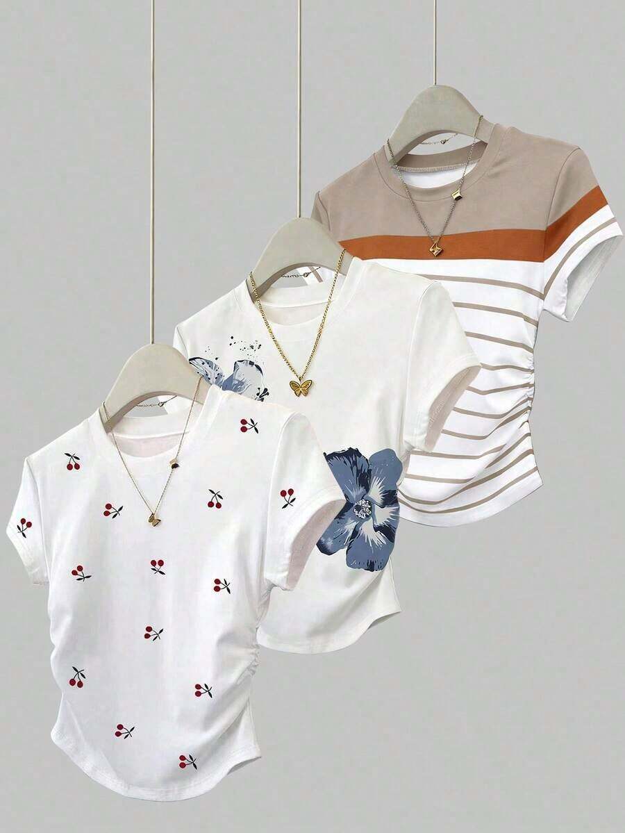 Set de 3 camisetas de mujer de verano con nuevos diseños de frutas, cerezas, flores y rayas - Multicolor 7 - Ver 1