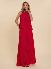 Top sin mangas plisado elegante para mujer, versátil para citas, ir al trabajo, y todas las estaciones - Rojo - Ver 6