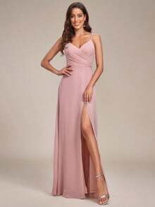 Elegante vestido de noche de unicolor y sexy, vestido de dama de honor con abertura alta y tirantes finos en azul marino, vestido formal para invitados de boda en primavera - Rosa Oxidada - Ver 1