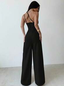 verano nuevo, elegante y minimalista de lino de color albaricoque con espalda descubierta, plisado en la cintura y piernas anchas, para vacaciones, uso diario y todas las estaciones - Negro - Ver 2