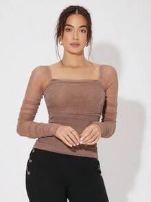 Camisa De Malla Plisada Con Cuello Brillante - Marrón Mocha - Ver 5
