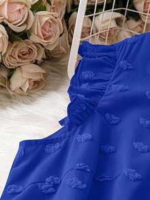 Blusa sin mangas de talla grande para vacaciones casuales con parches de puntitos suizos de mezcla de estilos y dobladillo con volantes - Azul 2 - Ver 5