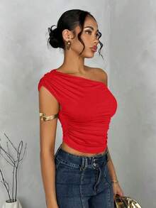 Blusa de verano con hombros asimétricos fruncidos en unicolor para mujer - Rojo - Ver 4