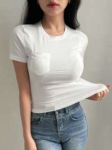 Camiseta De Manga Corta De Cuello Redondo Y Color Sólido Para Mujer - Blanco - Ver 4