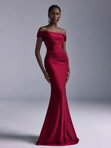 Vestido de sirena con hombros descubiertos y drapeado elegante, adecuado para bodas, fiestas, vacaciones, bailes de graduación, dama de honor (adulto) - Burdeos - Ver 5