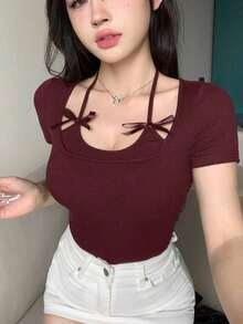 Camiseta de manga corta ajustada casual y sexy con decoración de lazo halter para mujer - Burdeos - Ver 4