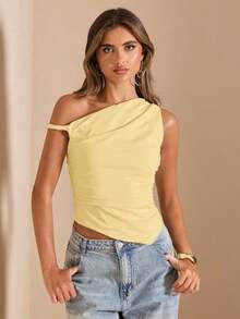 Blusa de verano para vacaciones en la playa, elegante, con hombros descubiertos y cuello asimétrico, para conciertos, actuaciones, festivales de música, conciertos, country, clubes, nuevos estilos sexy de primavera y verano - Amarillo - Ver 5