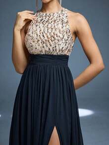 Vestido de noche de cuello redondo y halter nuevo de , vestido de gasa con abertura alta y parches de lentejuelas para fiesta - Negro - Ver 6